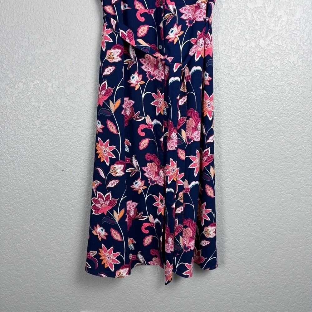Loft NWT Floral Tie Waist Dress Navy Blue & Pink 10 Spring Romantic Button Front - Picture 6 of 13